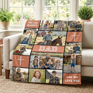 Blessed Loved Dad 12 Photo Collage Custom Text Fleece Blanket