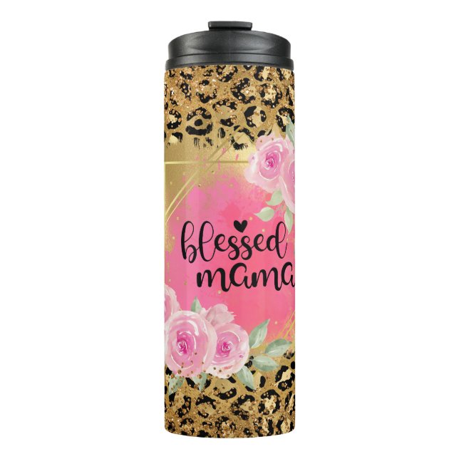 Blessed Mama Design with Gold Glitter and Accents Thermal Tumbler (Front)