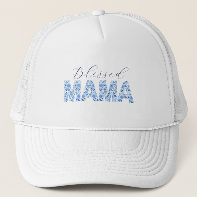 Blessed Mama Shirt with Blue Floral Trucker Hat (Front)