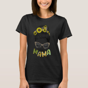 Blessed Mama Sunflower Leopard Glasses Messy Bun H T-Shirt