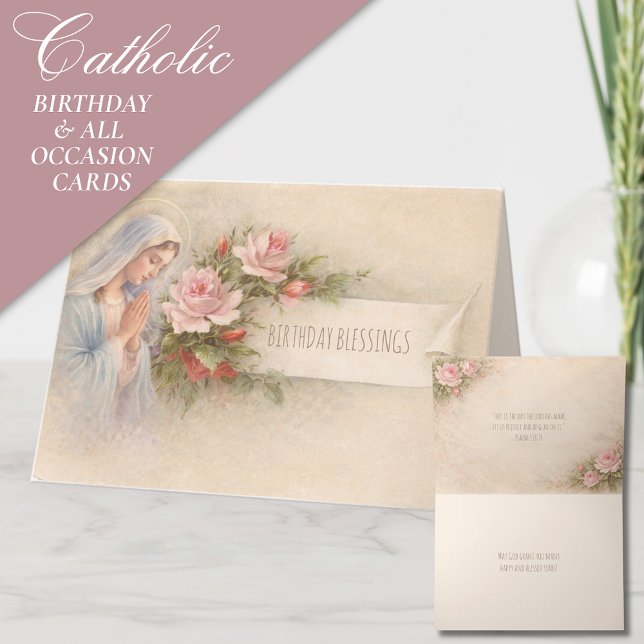 Blessed Mary Pink Vintage Roses Scripture Holiday Card (Creator Uploaded)