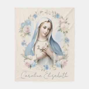 Blessed Mary Religious Floral Pink Roses  Fleece Blanket