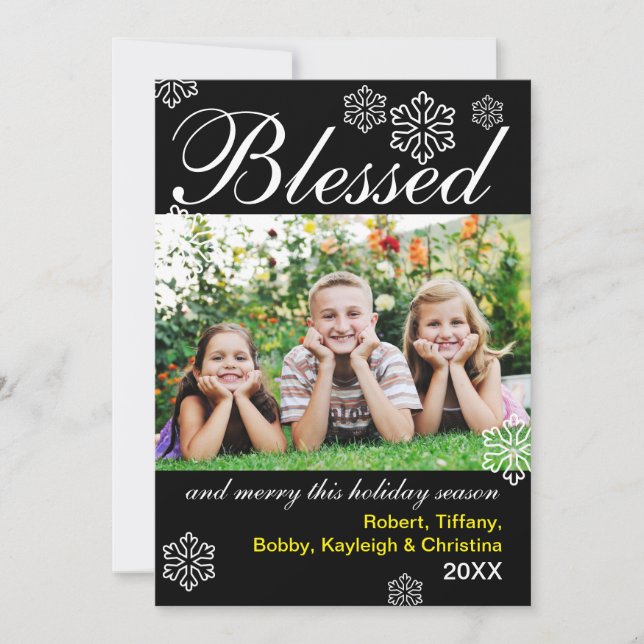 Blessed & Merry Black Snowflakes - Christmas Card (Front)