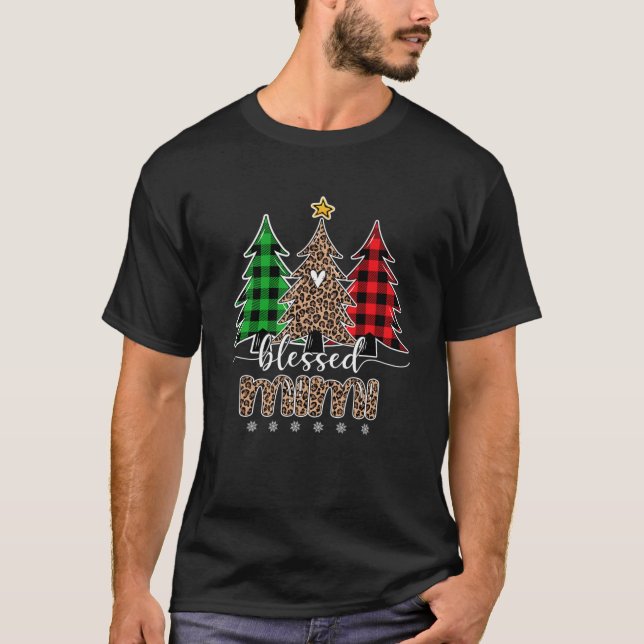 Blessed Mimi Leopard Christmas Pine Tree Red Plaid T-Shirt (Front)