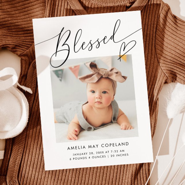 Blessed Minimalist Heart Baby Photo Birth Announcement (Creator Uploaded)