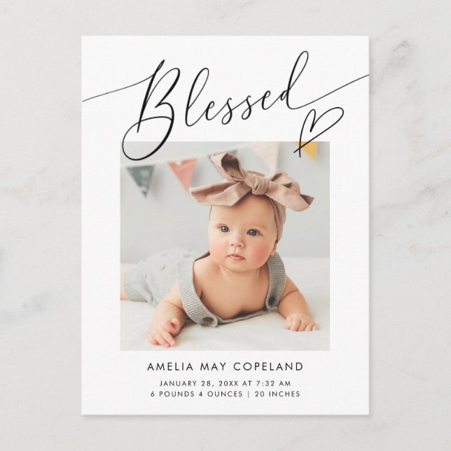 Blessed Minimalist Heart Baby Photo Birth Announcement Postcard (Front)