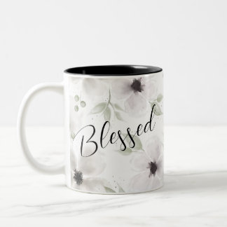 Blessed Modern Black White Watercolor Floral Faith Two-Tone Coffee Mug