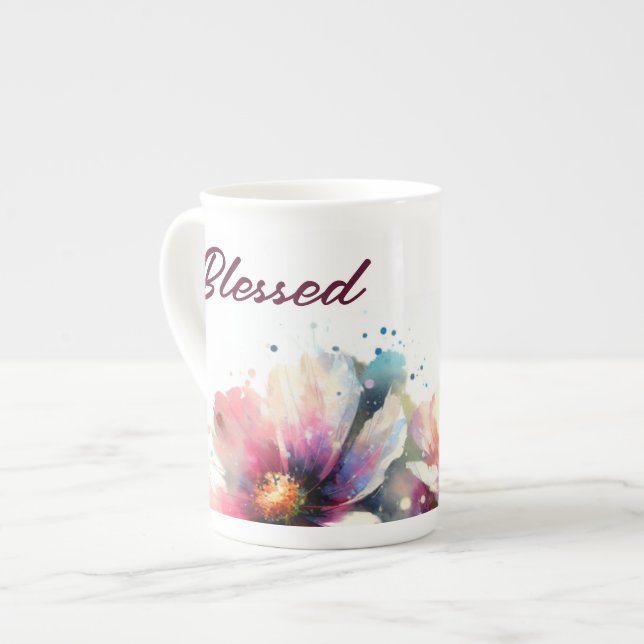 Blessed Modern Floral Design Bone China Mug (Front Left)