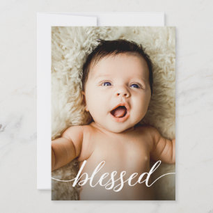 Blessed Modern script Cross Baby Baptism Photo Thank You Card