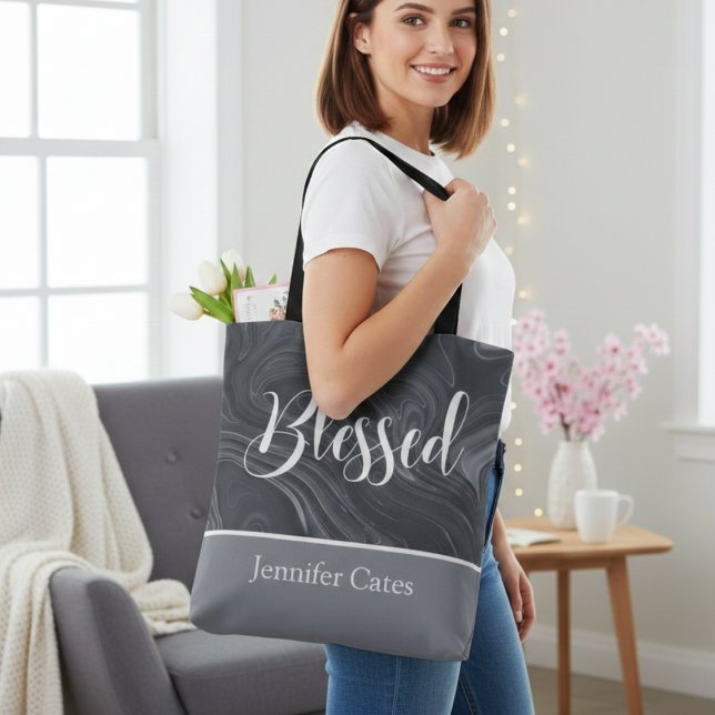 Blessed Modern Script Personalised Tote Bag (Blessed Modern Script Personalized Tote Bag in Faux Marble Gray and White.)
