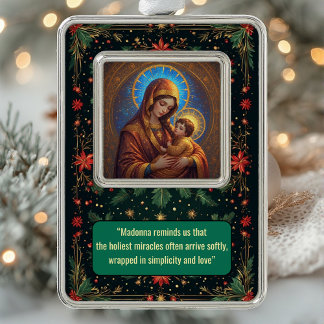 Blessed Mother and Baby Jesus Golden Halo Light Silver Plated Framed Ornament