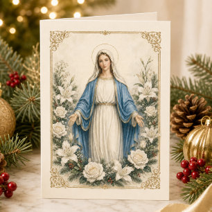 Blessed Mother Mary Catholic Floral Holiday Card