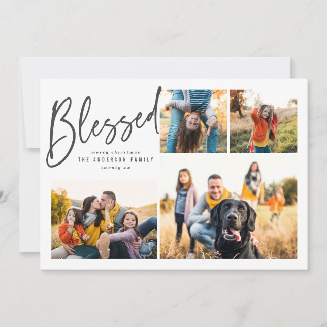 Blessed multi photo elegant calligraphy holiday card (Front)