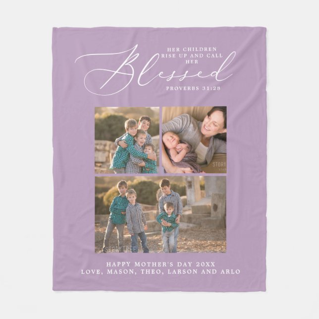 Blessed Mum Proverbs 31 Scripture 3 Photo Lilac Fleece Blanket (Front)