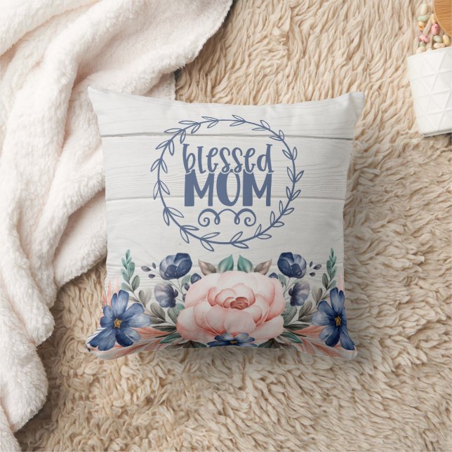 Blessed Mum Rustic Barn Wood Floral Mother's Day  Cushion (Blanket)
