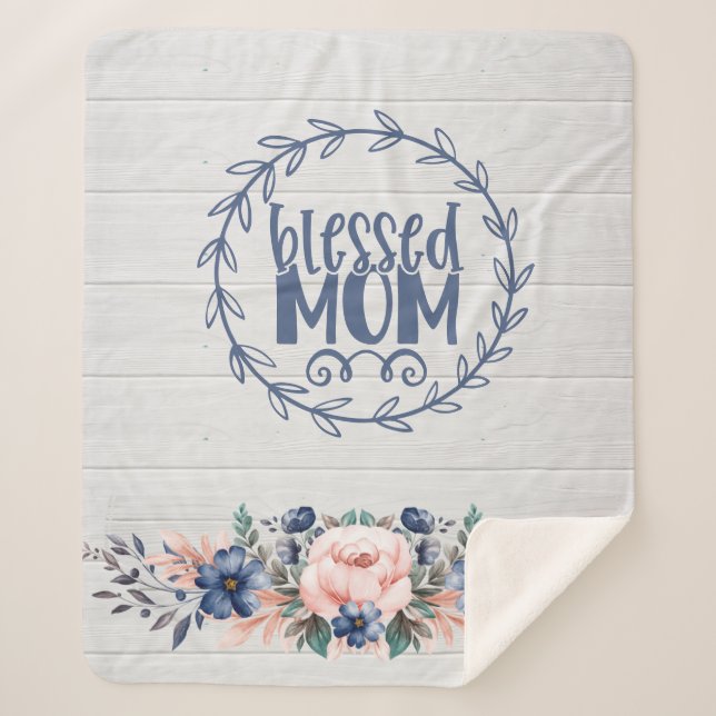Blessed Mum Rustic Barn Wood Floral Mother's Day  Sherpa Blanket (Front)