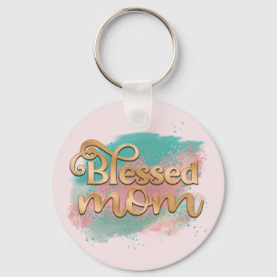 Blessed Mum Teal Pink and Gold Glitter Typography Key Ring