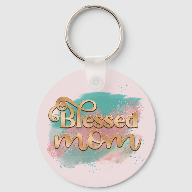 Blessed Mum Teal Pink and Gold Glitter Typography Key Ring (Front)