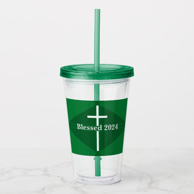 Blessed New Year Green and White Cross Christian Acrylic Tumbler (Front)