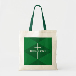Blessed New Year Green and White Cross Christian Tote Bag