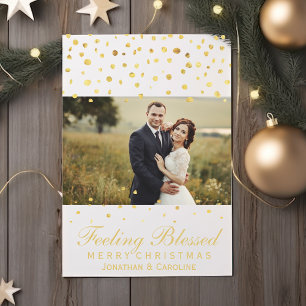 Blessed Newlywed Christmas Gold Confetti Photo Holiday Card
