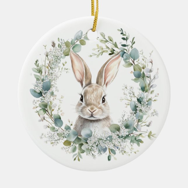 Blessed Ostara Rabbit Spring Easter Ceramic Tree Decoration (Front)