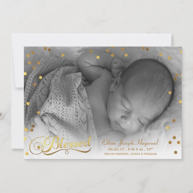 Blessed Photo Gold Confetti Birth Announcement (Front)