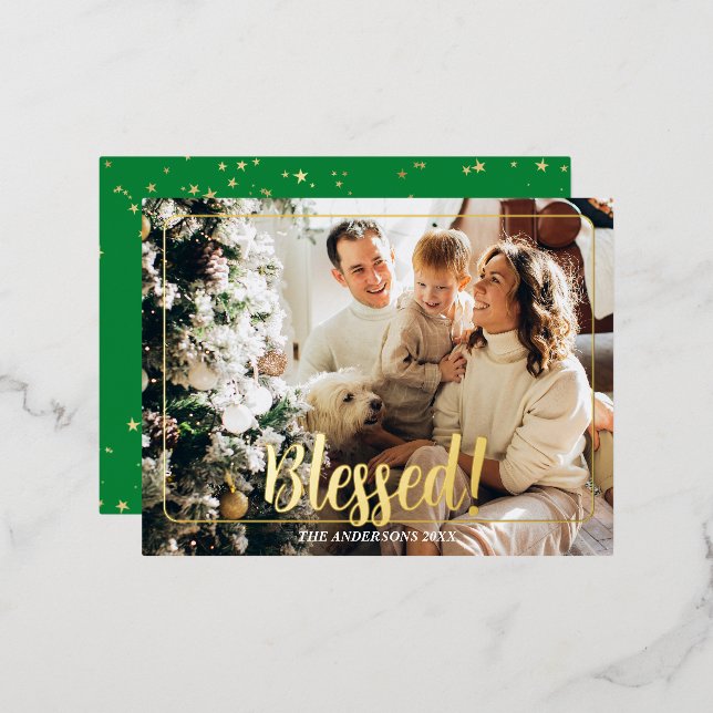 Blessed, Photo Name Gold Foil Holiday Post Card #2 (Front/Back)