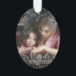 Blessed. Photo with Festive Sparkles Christmas Ornament<br><div class="desc">This beautiful Christmas ornament features your full frame photo with a festive frame of white sparkles or stars overlaid around the edges. The caption is written in elegant script and reads "blessed." There is space for your name, the year, or a short note at the bottom. Design is the same...</div>