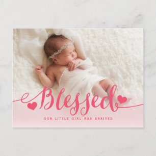 Blessed   Pink Baby Girl Birth Announcement Postcard