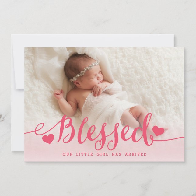 Blessed | Pink Baby Girl Photo Birth Announcement (Front)