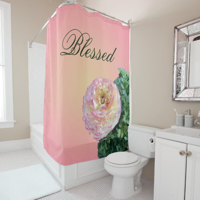 Blessed Pink Floral Shower Curtain (In Situ)
