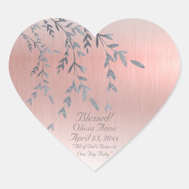 Blessed Pink Metallic Baby Girl Name Date Glitter Heart Sticker (Front)