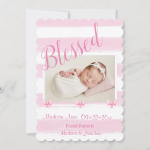 Blessed Pink Photo Script Personalise Girly Birth Announcement