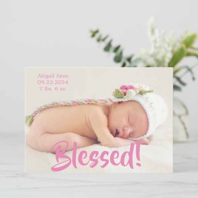 Blessed Pink Photo Script Personalised Girl Birth Announcement (Standing Front)