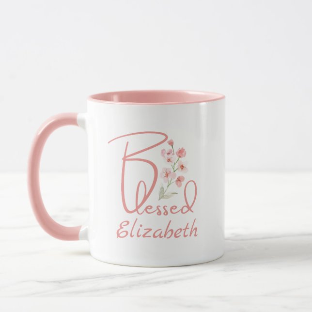 Blessed pink watercolor custom script text cute mu mug (Left)