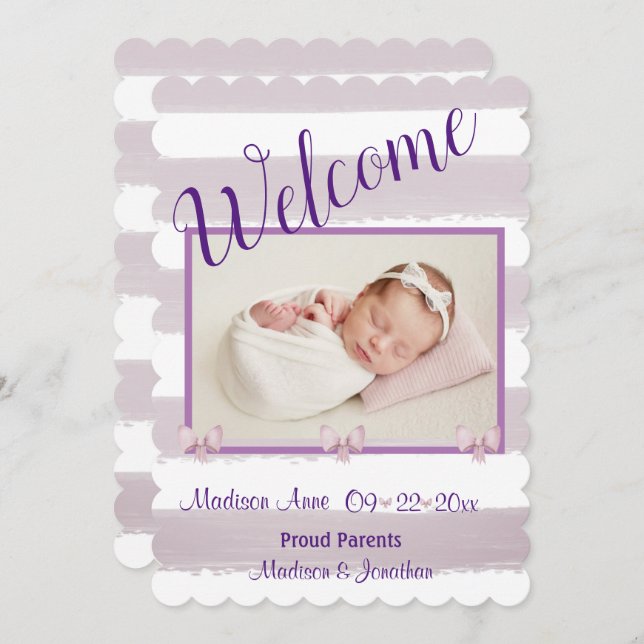 Blessed  Purple Photo Script Personalise Birth Announcement (Front/Back)