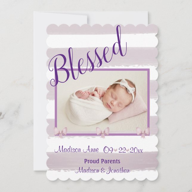Blessed Purple Photo Script Personalise Birth Announcement (Front)