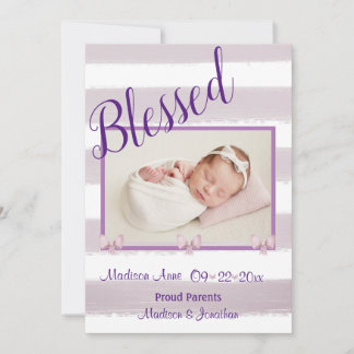 Blessed Purple Photo Script Personalise Birth Announcement