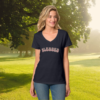 BLESSED Red White Floral Gratitude Retro Text T-Shirt