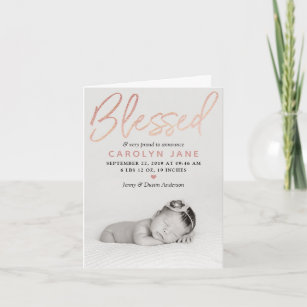 "Blessed" Rose Gold Foil Photo Birth Announcement