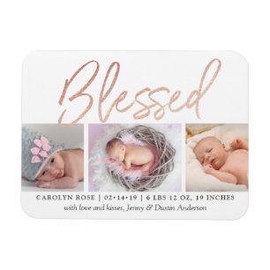 "Blessed" Rose Gold Foil Photo Birth Announcement Magnet