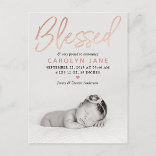 "Blessed" Rose Gold Foil Photo Birth Announcement Postcard