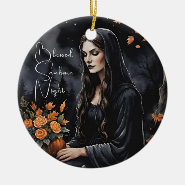Blessed Samhain Night Halloween Fall Witch Ceramic Tree Decoration (Front)