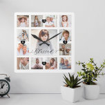 Blessed Script Family Memory Photo Grid Collage Square Wall Clock<br><div class="desc">A beautiful personalised gift for your family that they'll cherish for years to come. Features a modern thirteen photo grid collage layout to display 13 of your own special family photo memories. "Blessed" designed in a beautiful handwritten black script style. Each photo is framed with a simple gold-coloured frame. Simple...</div>