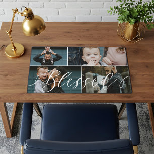 Blessed Script   Happy Fathers Day 4 Photo Collage Desk Mat