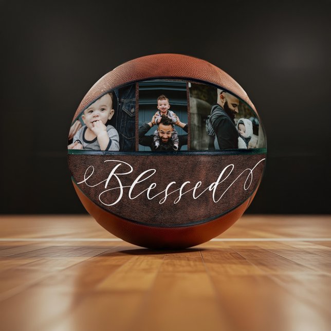 Blessed Script Leather Fathers Day Photo Collage Basketball (Blessed Script Leather Fathers Day Photo Collage Basketball)