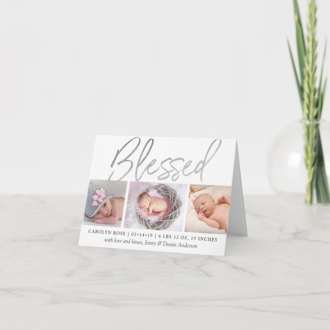 "Blessed" Silver Foil 3 Photo Birth Announcement (Front)