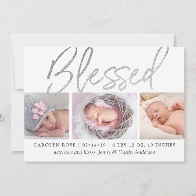 "Blessed" Silver Foil 3 Photo Birth Announcement (Front)