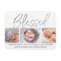 "Blessed" Silver Foil 3 Photo Birth Announcement